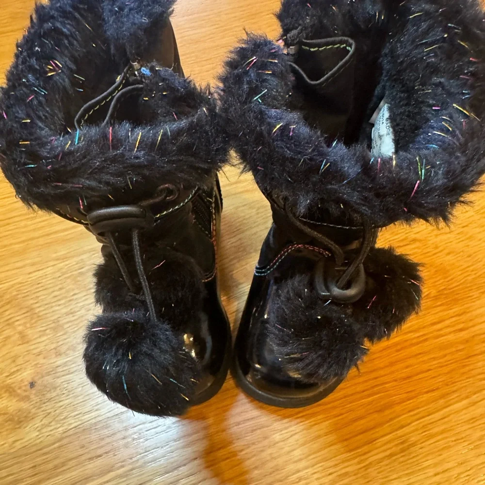 2 pairs girls shoes Cozy Tan Moccasins and Black Furry Boots Side 5